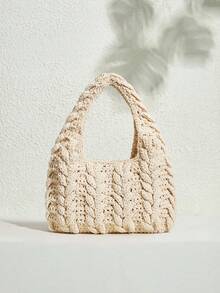 SHECARRY Fashionable Woven Tote Bag, Beige Hollow-Out Handbag - Beige - View 1