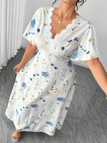Elenzga Robe courte à manches courtes pour femmes grandes tailles, col en V, patchwork en dentelle, imprimé floral, taille ajustée et évasée, style navette, printemps/été - Bleu et Blanc - Voir 3