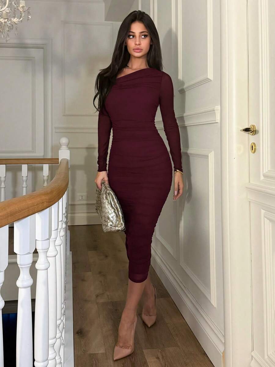Ronhire 女士秋季褶皱网纱优雅约会/派对修身长袖中长连衣裙 - 紫紅色 - 查看 1