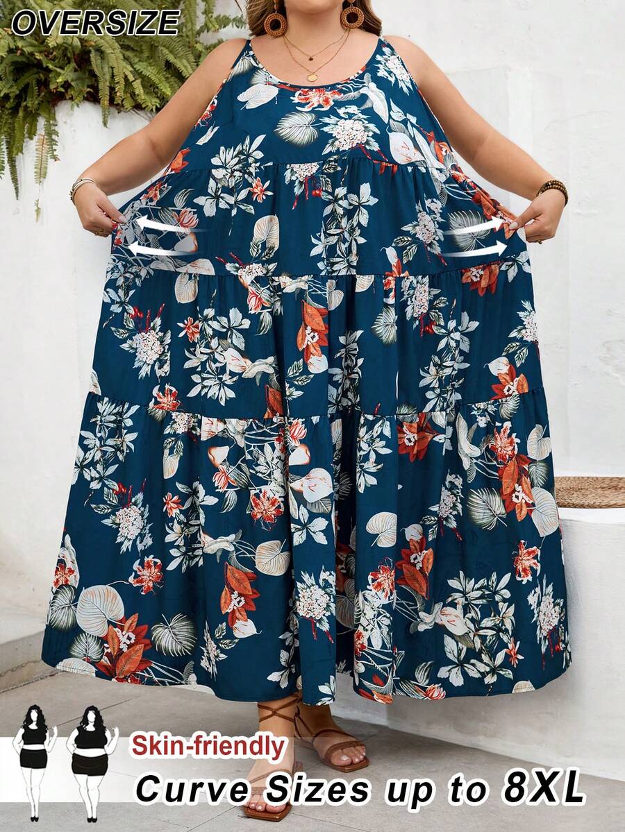 SHEIN CURVE+ 曲线尺码 US22 音乐节、海滨度假、波西米亚风印花吊带连衣裙，适合夏季海滩度假、沙滩罩衫、夏季服装，女士碎花连衣裙，碎花长裙，夏季吊带裙，波西米亚风碎花连衣裙，大码夏季连衣裙，波西米亚风长裙