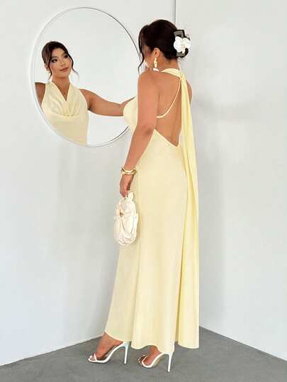 Firerie Elegant Cream Yellow Backless Dress With Tie Waist, Suitable For Summer, Autumn, Daily, Vacation, Party, Graduation, Back To School