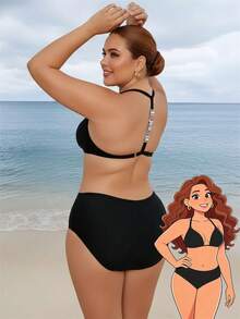 SHEIN Swim Curve ملابس سباحة قطعتين للمرأة البدينة تتكون من توب قصير ظهره عاري مرصع بالراين وسروال سباحة مطوي - الأسود - مشاهدة 1