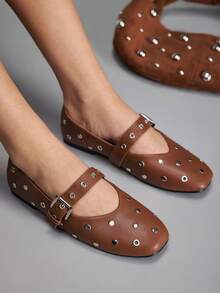 CUCCOO GRLICON 2000's Style Y2K Beaded Decor Buckle Flats, Fashionable Commuter Shoes Suitable For Spring, Summer, Vacation - Burnt Orange - View 1