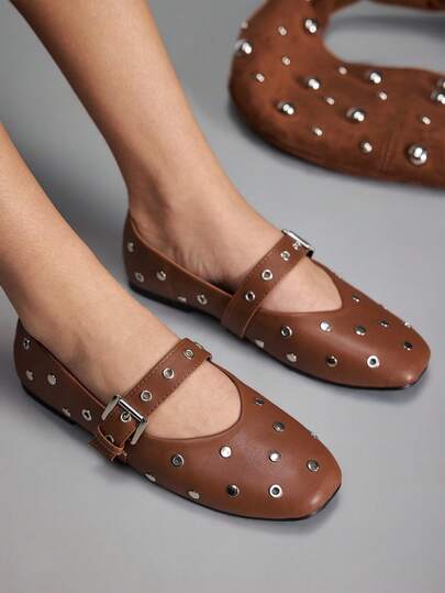 CUCCOO GRLICON 2000's Style Y2K Beaded Decor Buckle Flats, Fashionable Commuter Shoes Suitable For Spring, Summer, Vacation