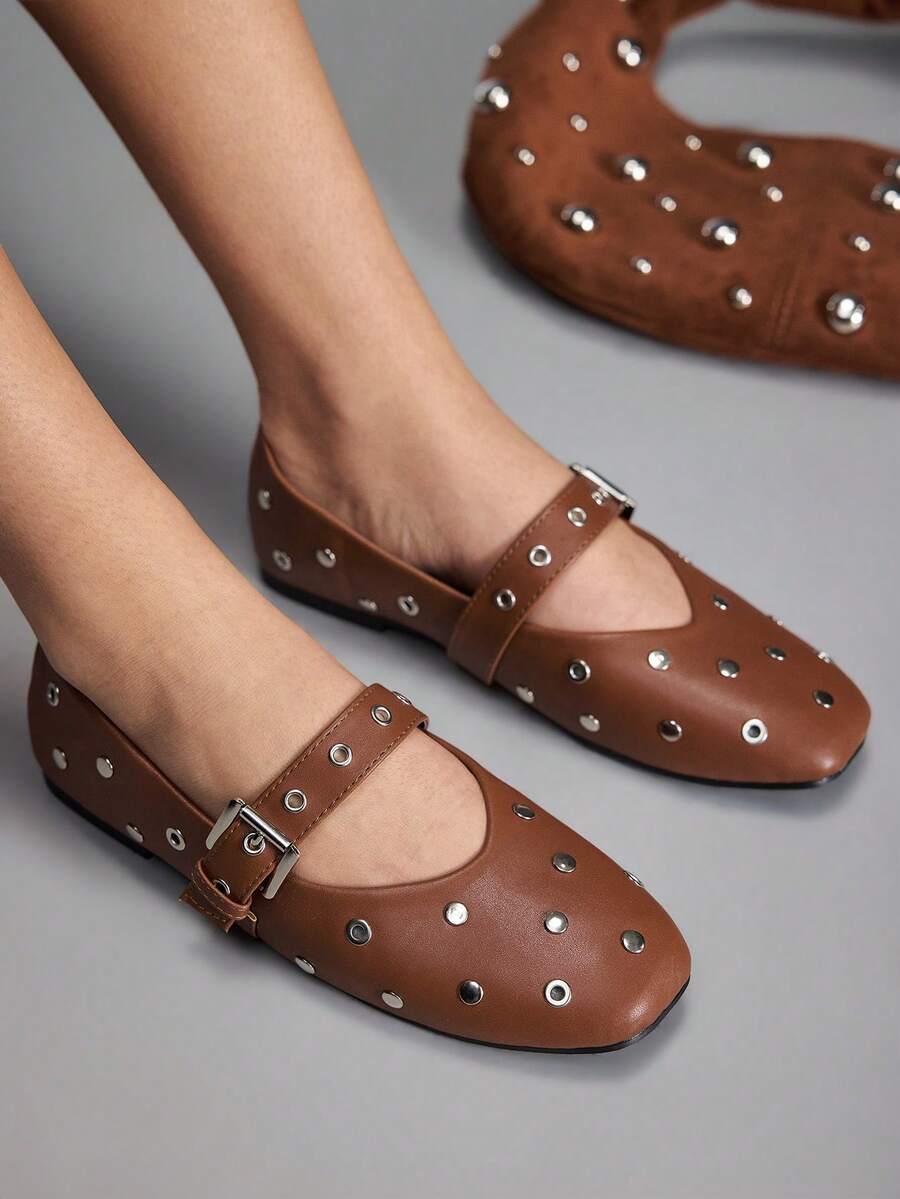 CUCCOO GRLICON 2000's Style Y2K Beaded Decor Buckle Flats, Fashionable Commuter Shoes Suitable For Spring, Summer, Vacation - Burnt Orange - View 1