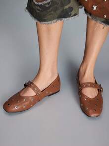 CUCCOO GRLICON 2000's Style Y2K Beaded Decor Buckle Flats, Fashionable Commuter Shoes Suitable For Spring, Summer, Vacation - Burnt Orange - View 5