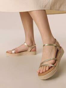 Styleloop 女士时尚纯色编织休闲坡跟凉鞋，波西米亚度假风复古帆布坡跟踝带凉鞋，西部风格，音乐节派对服装，春夏鞋履，春假复活节 - 金色1 - 查看 2