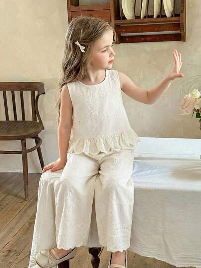 Conjunto de top sin mangas con marco de foto bordado y pantalones de pierna ancha para niñas, adecuado para primavera/verano, nuevo material de tela con buena comodidad, tela de alta calidad, sensación de alta gama a la moda, versátil para todo uso en primavera/verano, adecuado para uso casual en el hogar y ocio