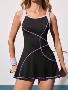 女士撞色缝线无袖运动连衣裙 - 彩色 - 查看 5