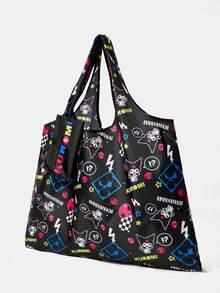 HELLO KITTY AND FRIENDS | SHEIN 女款時尚卡通圖案防水大容量托特包 - 黑底塗鴉 - 查看 2