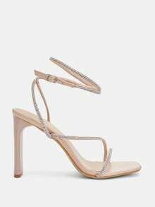 Glitzique 女性粗跟夏季沙灘涼鞋,鑲嵌鑽石裝飾,透氣帶,裸色色調性感豁口 - 杏色 - 查看 4