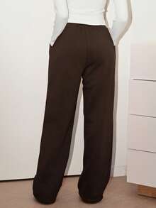 Mima John Women's Knitted Coffee Brown Long Straight Leg Sweatpants With Practical Pockets Wide Leg Sweatpants Brown Pants Flare Sweat Pants Brown Bottoms Women Y2k Pants - Coffee Brown - View 2