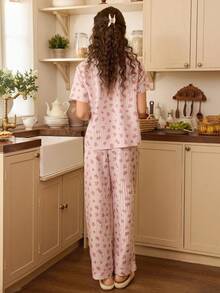 CottageSlumber Bộ đồ ngủ nữ họa tiết hoa và sọc lãng mạn, tay ngắn dáng rộng có túi và áo hai dây, cổ bẻ, kèm quần ống đứng. - Hồng - Xem 2