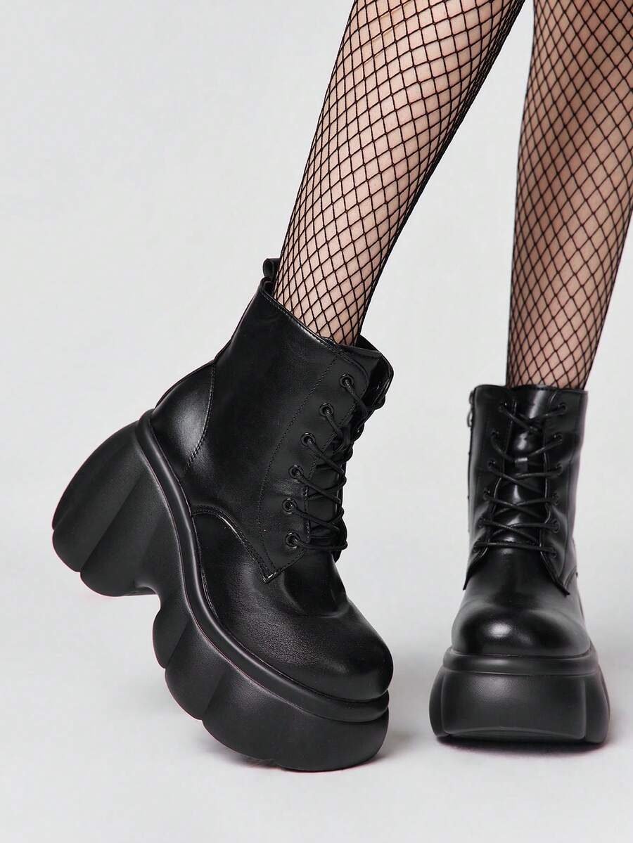 ROMWE Women Heeled Sandals~ 2026 New Fashion Autumn And Winter Punk Style Dark PU Round Toe High-Heeled Wedge Heel Thick-Soled Lace-Up Boots Small Ankle Boots - Black - View 1