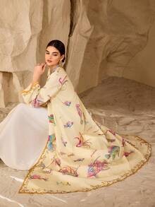 Al Najma Women's Loose Fit Fish Pattern Long Sleeve Arabic Abaya - Yellow - View 7