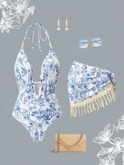 Swim Oasis 2pcs Women's Halter Neck Floral Print Backless Romper + Skirt Set, Sexy Beach Party Outfit, Vintage Elegant Style, Spring/Summer