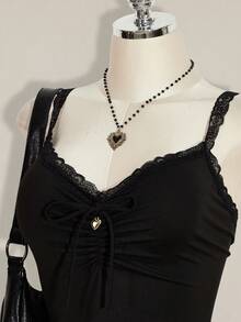 SHEIN ICON 大码女式蕾丝拼接褶皱扭结设计休闲百搭约会之夜吊带背心 - 黑色 - 查看 1