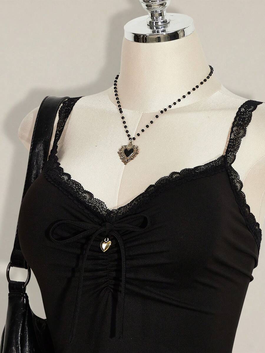 SHEIN ICON 大码女式蕾丝拼接褶皱扭结设计休闲百搭约会之夜吊带背心 - 黑色 - 查看 1