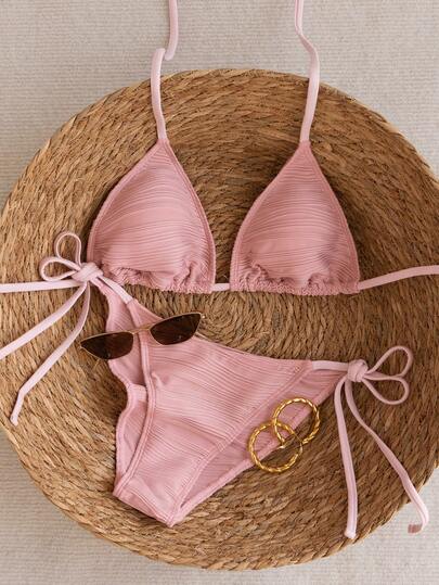 Swim Mod 2025 Spring/Summer Pink Spaghetti Strap Halter Textured Wavy Side High Cut Women's 2 Pieces Bikini Swimwear Vacation Bikini Set Pink Bikini Tie Bikini Set Bikini Set Textured Bikini