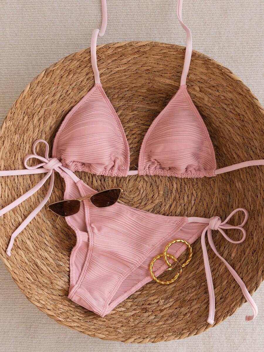 Swim Mod Bộ bikini 2 mảnh màu hồng, dây mảnh, kiểu cổ yếm, họa tiết gợn sóng hai bên, cạp cao, dành cho nữ, thích hợp cho mùa Xuân/Hè 2025. - Hồng - Xem 1