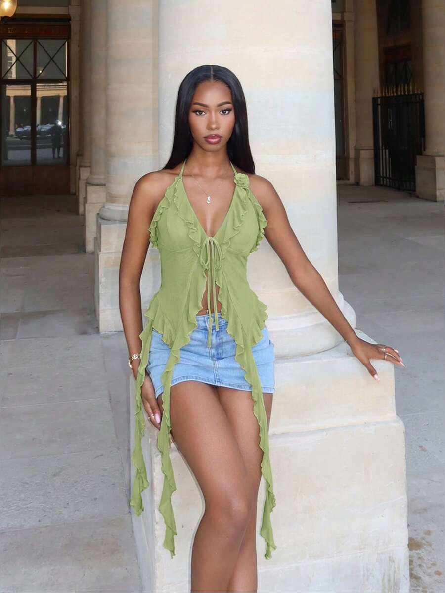 夏季浪漫绿色滚边缎带和3D花朵吊带上衣 夏季女式上衣 演唱会女士性感上衣 - 綠色 - 查看 1