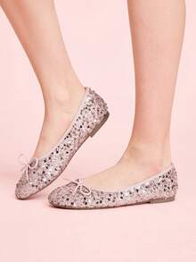 CUCCOO DOLLMOD 女士粉色亮面圆头蝴蝶结装饰低帮芭蕾平底鞋，鞋面亮片材质，可爱优雅，一脚蹬款式，适合节日和情人节穿着。 - 粉色 - 查看 6