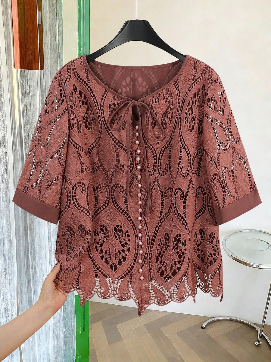 Modelyn Elegant High-Quality Plus Size Women Lace Blouse - Dusty Pink - View 1