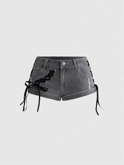 ROMWE Grunge Punk Women's Y2K Retro Slogan Logo Print Metal Strap Low Waist Mini Skinny Sexy Denim Shorts