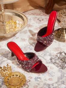 CUCCOO TILAWA Women Shoes Sparkling Rhinestone Burgundy High-Heeled Sandals, Gorgeous Style, Stiletto Open-Toed Shoes, Banquet Party Dating Fashion Women's Shoes - Burgundy - View 1