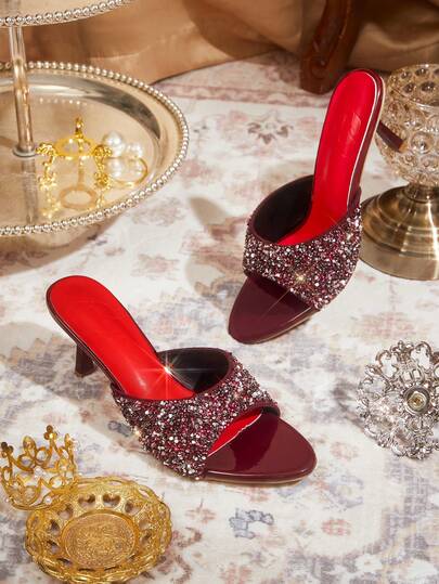 CUCCOO TILAWA Women Shoes Sparkling Rhinestone Burgundy High-Heeled Sandals, Gorgeous Style, Stiletto Open-Toed Shoes, Banquet Party Dating Fashion Women's Shoes