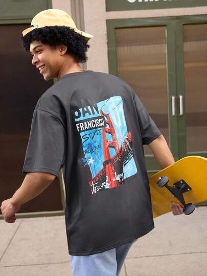 Open Phase K-GLORY Men's Casual Outdoor Sports Street Minimalist Bridge & Golden Gate Bridge Graphic Print Short Sleeve T-Shirt, Fashionable Boyfriend Gift