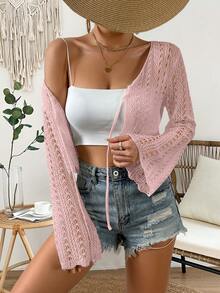 Breezaya Áo khoác cardigan dệt kim màu trơn, khoét lỗ, buộc dây phía trước, tay loe, phong cách thường ngày cho kỳ nghỉ. - Màu Hồng baby - Xem 4