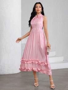 Modelyn Women's French Style Pink Satin Stand Collar Tie-Waist Double Ruffle Hem Sleeveless Dress - Pink - View 5
