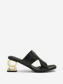 Bholvia Sandalias de tacón alto negro para mujer, cómodas y versátiles con punta cuadrada, estampado de piel de serpiente y tacón asimétrico - Negro - Ver 10
