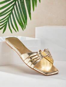 SHUZIA 新款时尚女士金色方头拖鞋，性感可爱，舒适百搭，适合春夏假日、情人节度假穿着 - 金色 - 查看 6