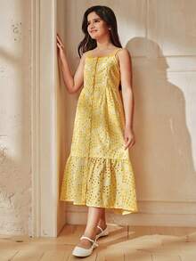 Anewsta Tween GirlsSleeveless Hollow-Out Slit Elegant Fashionable Versatile Yellow Dress - Yellow - View 6