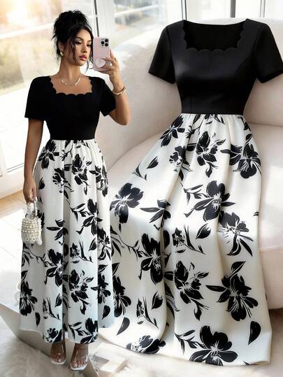 Elenzga Vestido elegante de fiesta con estampado floral y patchwork, nueva colección primavera/verano 2026 para mujer