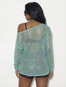 Femmeiva Sequins Hollow-Out Knit Sheer Pullover Sweater For Women, Music Festival - Mint Blue - View 2