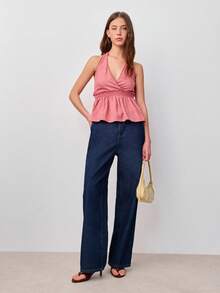 Nöista Dusty Rose Peplum Halter Top Features A Textured Fabric With A Deep V-Neckline. Spring Summer, Easter, Boho, Festival. - Red - View 3