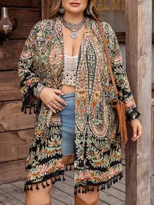 SHEIN CURVE+ Curve 尺码 US22 音乐节、海滨度假、波西米亚风印花流苏下摆和服，适合旅行、机场、郊游、乡村、返校、假日等各种场合，优雅休闲，度假风，波西米亚风和服，夏季印花和服，嬉皮波西米亚风和服 - 彩色 - 查看 2