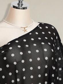 SHEIN ICON 大码女式黑白波点不对称网纱上衣 - 黑與白 - 查看 5