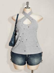 SHEIN ICON Áo tank top nữ cỡ lớn phong cách retro gợi cảm, phá cách, táo bạo, hiện đại, phong cách Y2K, cổ chéo, yếm, trang trí khoen kim loại, màu xám, chất liệu gân. - Xám - Xem 4