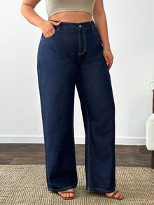 SHEIN Plus 100% High Waist Washed Straight Jean - Dark Wash - View 5