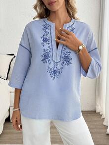 Louniche 标准尺码女士春夏翻领条纹刺绣落肩休闲度假衬衫 - 藍白色 - 查看 3