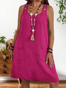 EMERY ROSE 大码女式纯色纽扣口袋休闲宽松日常外出连衣裙 - 玫紅色 - 查看 4