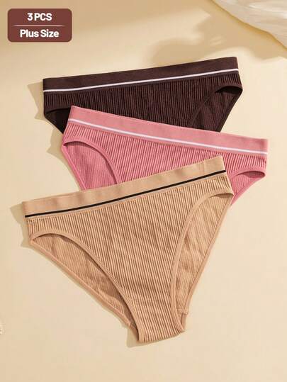 NudeFit 3 piezas Bragas de mujer de talla grande con cintura media alta, elásticas, con diseño de triángulo de contraste, cómodas, de punto acanalado sin costuras y con bloques de color