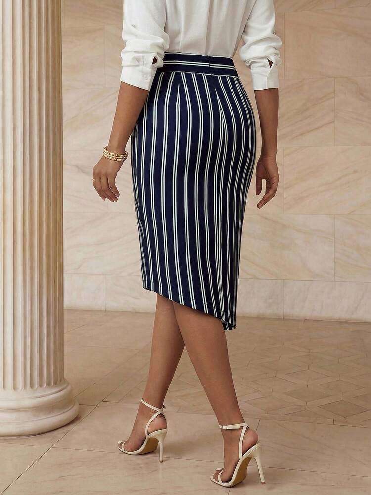 Women's Summer High Waist Metal Buckle Decor Contrast Stripe Asymmetric Hem Elegant Skirt, Navy Blue Asymmetrical Skirt Wrap Skirts For Women Pencil Skirt For Women Striped Skirt Skirt With Slit