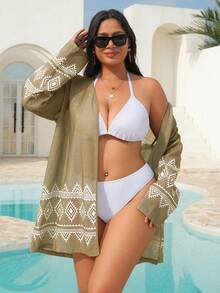 Swim Vcay Kimono Longgar Lengan Dolman Motif Geometris untuk Wanita Ukuran Besar - Hijau Tentara - View 4