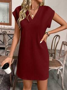 EMERY ROSE Women's Solid V-Neck Casual Daily Date Outing Short Dress - Burgundy - View 4