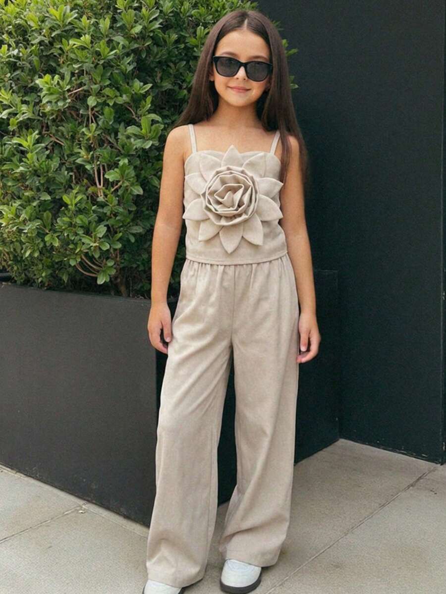 SHEIN 2pcs Young Girl Woven Solid Color 3D Floral Camisole Top And Long Pants Set,Linen Casual Versatile Jumpsuit Effect Two Piece Set,Summer,7th Birthday - Khaki - View 1
